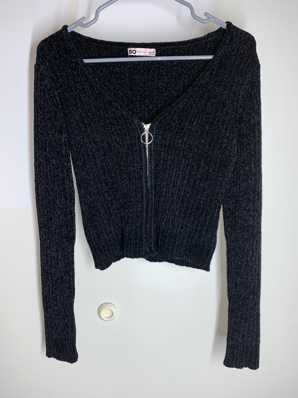 SO Black Ribbed V-Neck Zip-Front Women's Sweater